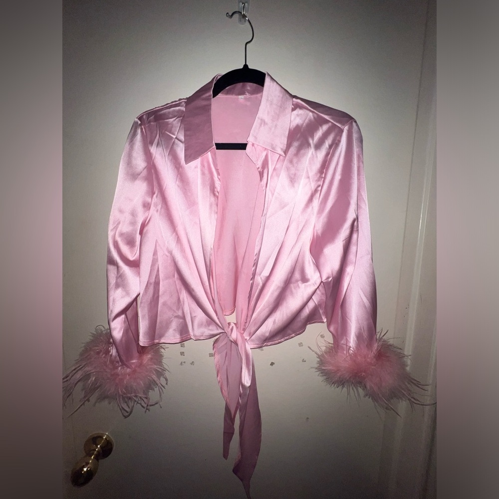 Pink satin tie top with feather sleeves